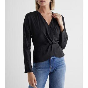 Express Women's Satin Draped Top Size XS Black Long Sleeves Faux Wrap NWT $58